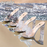 kamames outerwear 2022 summer sandals women's shoes crystal heels high-heeled open-toe transparent rhinestone women's slippers