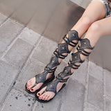 kamames Shoes Roman Shoes Fashionable And Comfortable Shoes High Tube Rivet Flat-Soled Women's Sandals