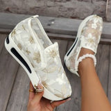 kamames And Autumn New Style Slope Heel Large-Size Single Shoes Mesh Embroidered Breathable Inside Raised Muffin Net Cloth Shoes Cover Feet Casual Single Shoes