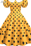 kamames Women Summer Dress Puff Short Sleeve Polka Dot Peter pan Collar Vintage A-line Midi Long Party Sundress Robe Femme