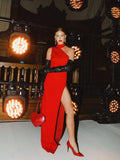 kamames Halter O Neck Sleeveless High Slit Bodycon Long Dress Summer Red One Shoulder Tight Split Maxi Dress Celebrity Club Party