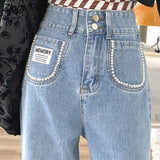 kamames Pearl Jeans Women Korean Streetwear High Waist Washed Denim Wide Leg Pants Female Loose Casual Straight Baggy Trousers