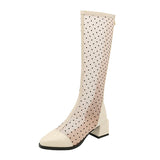 kamames New Summer Women Knee High Boots Patent Leather Mesh Zipper Low Heel Long Boots Fashion Pointed Toe Autumn Lady Shoes