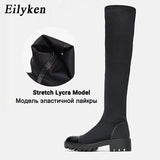 kamames 2023 New Platform Over The Knee Boot Women Slim Stretch Fabric Long Sock Boots Winter Low Heel Casual Ladies Shoes