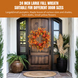 24 inch Fall Wreath Thanksgiving Pumpkin Wreath for Front Door with Maple Leaves Harvest Wreath for Door Window Porch Thanksgiving Halloween Decor