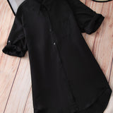 Plus Size Basic Blouse, Women's Plus Solid Rolled Sleeve Button Up Lapel Collar Shirt