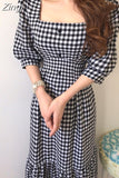 kamames Waist Retro Fashion New Summer Women Puff Sleeve Plaid Dress Ladies Pullover Cotton Dresses Casual Woman A-line Long Dress