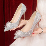 kamames kamames Crystal Silver Bride Shoes 2023 Autumn Tip Chinese Wedding Shoes Silver High Heels High Heels Heel Sequins