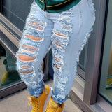 Street-Style Distressed Skinny Jeans - High-Waist, Stretch-Fit, Trendy Blue Denim for Casual Wear