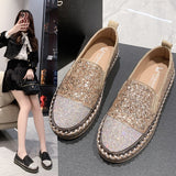 kamames Size 2023 Spring And Autumn New Muffin Thick Sole Single Shoes Women's Fashion Water Diamond Dazzling Color Round Head Leisure Shoes