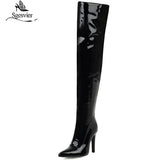 kamames Sexy Mirror Leather Thigh High Boots Women High Heels Over The Knee Boots For Women Point Toe White Red Fetish Party Long Shoes