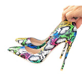 kamames Woman Shoes Pointed Toe High Heels Colourful Snake Print Stilettos 12 cm 10 cm 8 cm Wedding Shoes Girls QP049 ROVICIYA