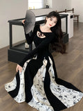 kamames Knitted Patchwork Floral Dress Irregular Design Sense Hepburn Wind Sweet Fashion Slim Summer New Black Long Dresses