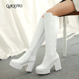 kamames Women Shoes Winter Plush Square High Heel Knee High Boots Fashion Platform Zipper Boots Round Toe Snow Boots White Black 2019