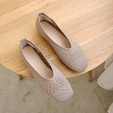 kamames Cloth Square Head Grandma Shoes 2024 New Soft Soles Hollowed-Out Shallow Casual Ladyshoes Knitted Flat Soles Flying Knitted Single Shoes