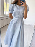 Zingj Fashion Loose Long Waist Maxi Dresses Elegant Button Party Long Dress Women Fashion O-Neck Puff Sleeve Solid A-Line Dress