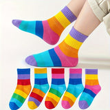 10 Pairs Of Kid's Fashion Rainbow Color Pattern Crew Socks, Comfy Breathable Soft Socks For All Seasons Wearing