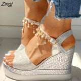 kamames New Women Wedge Sandals Summer Bead Studded Detail Platform Sandals Buckle Strap Peep Toe Thick Bottom Casual Shoes Ladies