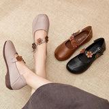 kamames kamames Round-Headed Single Shoes, Soft Leather, Retro Flowers, Mother's Shoes, Soft Leather, Shallow Mouth, Large Size Cover, Comfortable Grandma Shoes