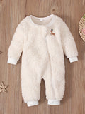Toddler Baby's Cute Elk Graphic Long Sleeve Christmas Onesie, Zipper Round Neck Fleece Warm Jumpsuit, Kids Autumn And Winter Outdoor Clothes