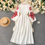 kamames kamames Embroidery Flowers Round Collar Lantern Sleeves Wrinkled Loose Show Thin Dress Women