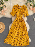 kamames Women Polka Dot Midi Dress Vintage V-Neck Short Flare Sleeve Bandage A-Line Vestidos Female Casual Robe New Fashion