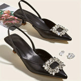 Chic All-Season Pointed-Toe Slingback Heels with Crystal Accents – Comfortable Faux Leather Sandals with Elastic Strap