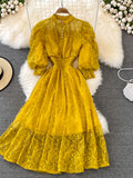 kamames Women Lace Dress Spring Summer Elegant Stand Collar Puff Sleeve High Waist Party Vestidos Female Runway Robe 2023 New