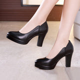 kamames Work Shoes, Women's Black Dress, Professional Leather Shoes, Waterproof Platform, High Heels, Pointed, Large Size, Shallow Mouth, Thick Heels.