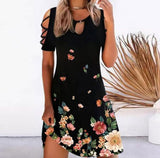 kamames Women Floral Print Party Dresses Sexy Summer Short Sleeve O-Neck Mini Dress For Ladies Hollow Out Design Elegant Dress 5147