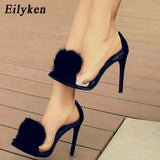kamames 2023 New Sexy Feather Pointed Toe Women Pumps Sandals Fashion Slip On Black Ladies Thin High Heels Shoes Size 35-40
