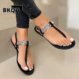 kamames women summer shoes 2022 fashion rhinestone sandals women's  one word plus size flat beach sandals women