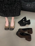 kamames Thick Heel Black Square Head Temperament Single Women's Shoes 2024 New Retro Shallow Mouth Evening Style High Heels