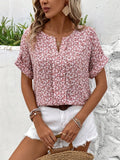 Plus Size Floral Charm - Fashionable Notch Neck Blouse with Short Sleeves - Perfect Casual Wear for Spring - Womens Plus Size Clothing