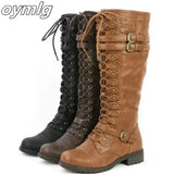 kamames Lace Up Knee High Boots Women Fashion Boots Flats Shoes Woman Square Heel Rubber Flock Boots Botas Winter Buckle Size 43