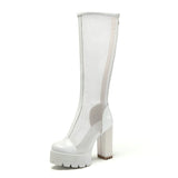 kamames White Women Knee High Boots Sexy Hollow Breathable Mesh Boots Patent Leather Platform Shoes Summer Thick High Heel Boots