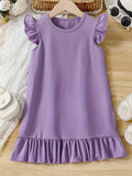 Girls' Summer Elegance: Flutter Sleeve Solid Color Dress - Ruffle Hem, Perfect for Holiday & Party Celebrations