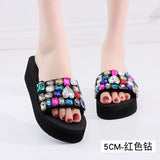 Beach Shoes Women 2019 Summer High Platform Sandals Wedge Flip Flops Slope Handmade Slippers Female Crystal Flower Shoes