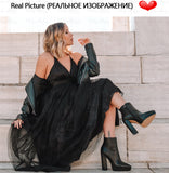 kamames Onlymaker Women Ankle Boots Pointed Toe Black Matte Flock12CM Chunky Heel Platform Booties Party Shoes Large Size Short Boots
