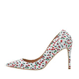 kamames Cherry Print Sexy Pumps 12 cm High Heels Woman Shoes Party Wedding Shoes Pointed Toe PU Leather White YG007 ROVICIYA