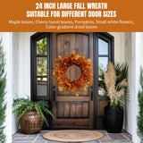 24 inch Fall Wreath Thanksgiving Pumpkin Wreath for Front Door with Maple Leaves Harvest Wreath for Door Window Porch Thanksgiving Halloween Decor