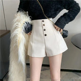 kamames Women High Waist Shorts Office Lady Elegant Solid Basic Buttons Simple Shorts Oversized 5Xl All-Match Wide Leg Short Pants