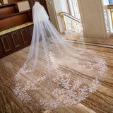 kamames White Ivory Two Layer Lace Wedding Veil with Pink Flowers Cathedral Long Bridal Veils with Metal Comb Wedding Accessories Bride