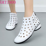 GKTINOO 2021 Summer Ankle Boots Genuine Leather Shoes Women Med High Heel Back Zipper Boots Cutout breathable Mujer Zapatos