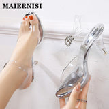 kamames Summer Walk Show Model High Heels Women Sandals Sexy Transparent Crystal Party Ladies Shoes Wedding Bridal Shoes Silver Big Size