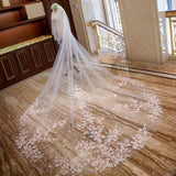 kamames White Ivory Two Layer Lace Wedding Veil with Pink Flowers Cathedral Long Bridal Veils with Metal Comb Wedding Accessories Bride