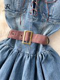 Zingj Fashion Streetwear Denim Dress Spaghetti Strap Cross Lace Up Bow Belt Zipper Pleated Women American Vintage Mini Dress