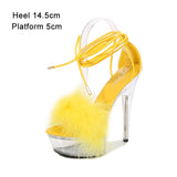 kamames Shuzumiao Women's Sandals 2021 Summer New Waterproof Platform Transparent Fur High Heels Cross Straps Thin Heel Pole Dance Shoes