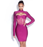 kamames Lady Winter Women Bandage Dress 2021 New Sexy Long Sleeve Bandage Dress Bodycon Lace Patchwork Celebrity Club Party Dress