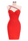 kamames Rhinestone One Shoulder Bandage Cocktail Dress - Red